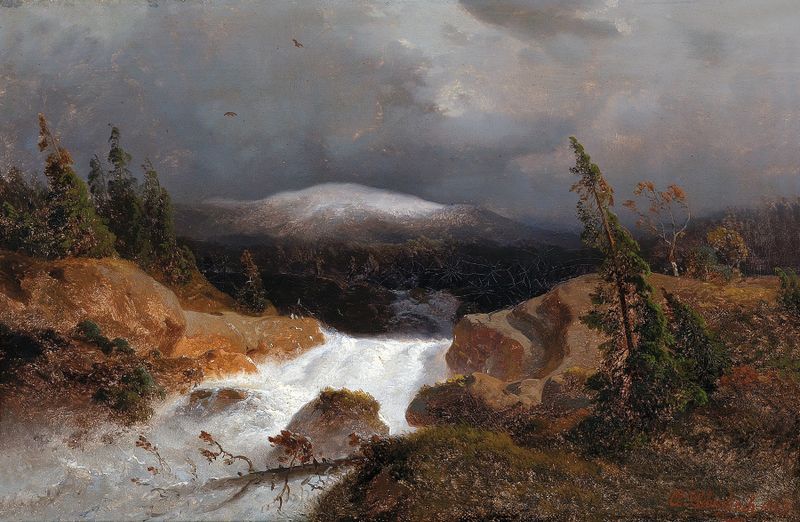 Norwegische Berglandschaft, oil on canvas by Andreas Achenbach, depicting a vast mountain landscape.