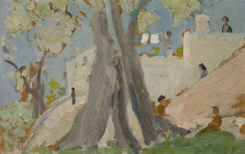 Old Olive Tree de Ernst Schiess, óleo sobre lienzo, que muestra un árbol antiguo con corteza texturada y juego de luces.