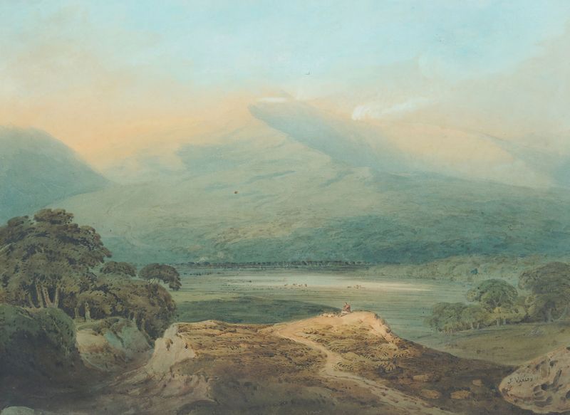From Capel Curig Looking Toward Gwynant de John Varley, paisagem com montanhas e lago, pintura a óleo