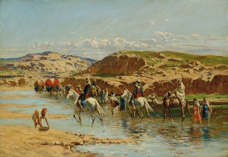 Fording a River, Algiers by Victor Huguet, oil painting showing figures battling a river's current.