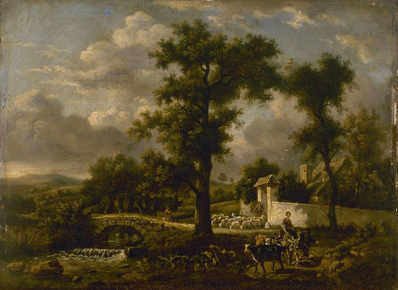 Landscape oil painting by Jean-Louis Demarne featuring gentle hills and nature.