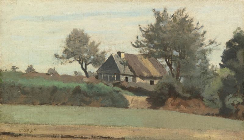 Paisagem com chalés entre árvores, óleo sobre tela de Jean-Baptiste-Camille Corot