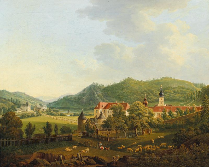Open Landscape With Monastery, oil on canvas by Anton Schiffer, depicting serene fields and a distant monastery.
