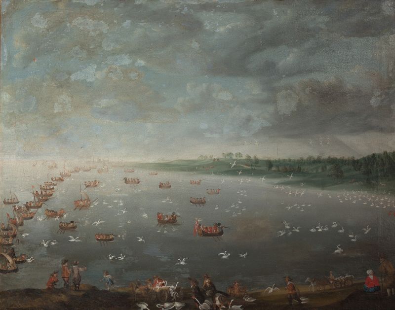Swan Hunt de de Coninck, óleo sobre lienzo que muestra un cisne deslizándose sobre el agua
