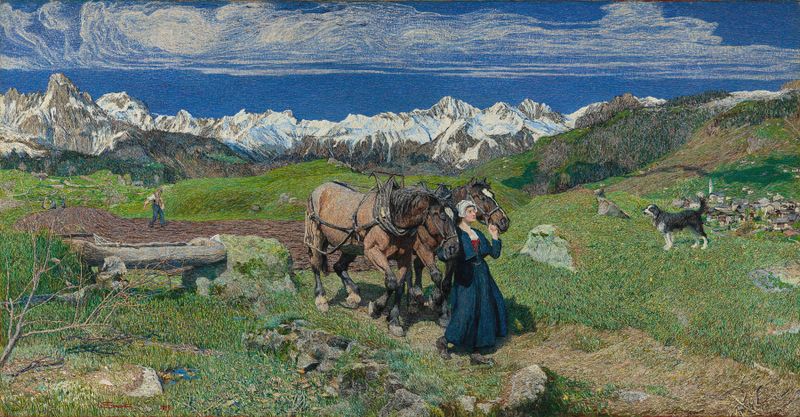 Spring in the Alps, oil painting by Giovanni Segantini depicting mountains and spring light.