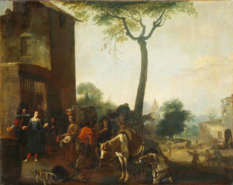 Harvesting the Vines oil painting by Pieter Bodding van Laer depicting figures working in a vineyard.