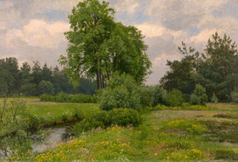Paisaje de Alfred Elsen, óleo sobre lienzo que representa un horizonte con suaves azules y verdes.