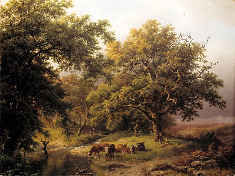 Brook by the Edge of the Woods, oil painting by Barend Cornelis Koekkoek depicting a serene landscape.