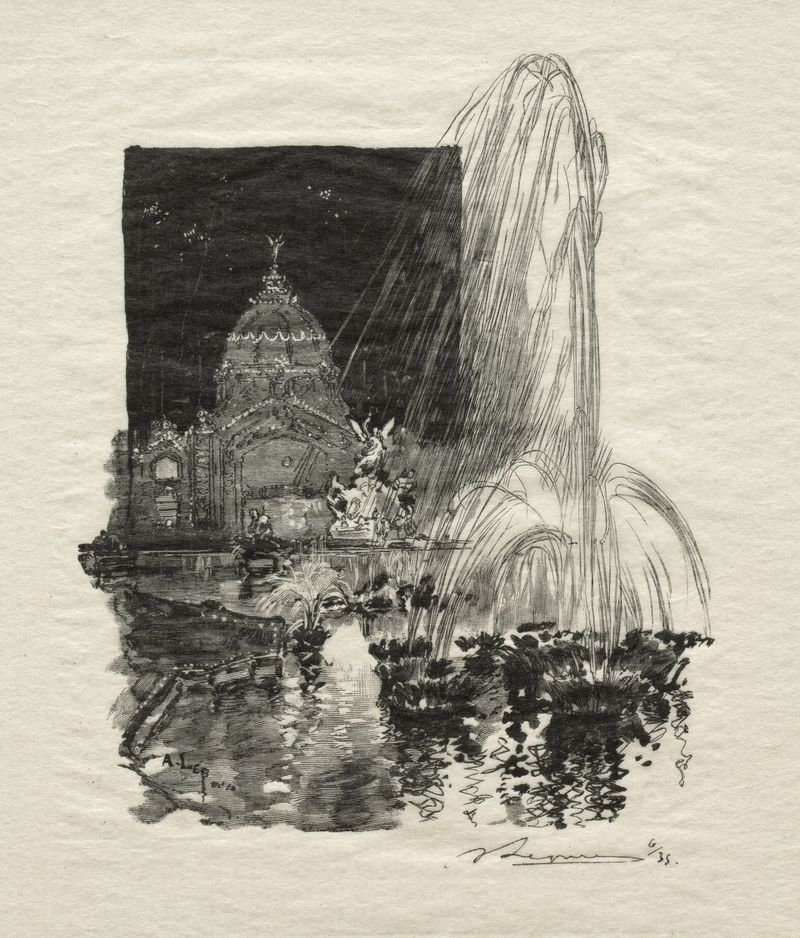 Fontaines Lumineuses de Auguste Louis Lepère, paisagem impressionista com reflexos de água cintilantes.
