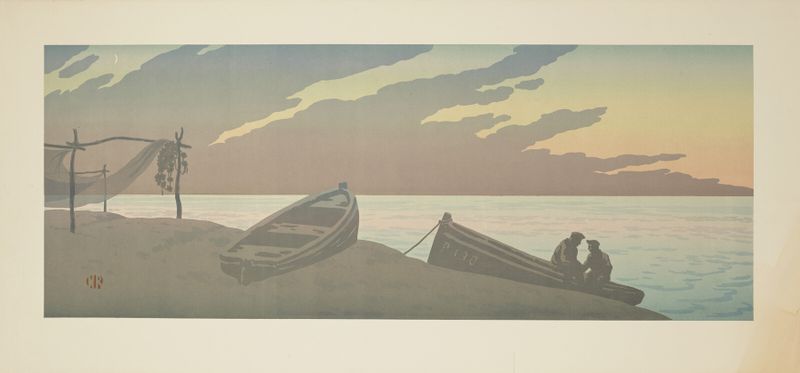 Le Soir, litografia de Henri Rivière, retratando uma paisagem ao crepúsculo com árvores e um céu colorido.