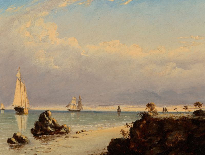 Escena marina al amanecer con olas, óleo de Clement Drew