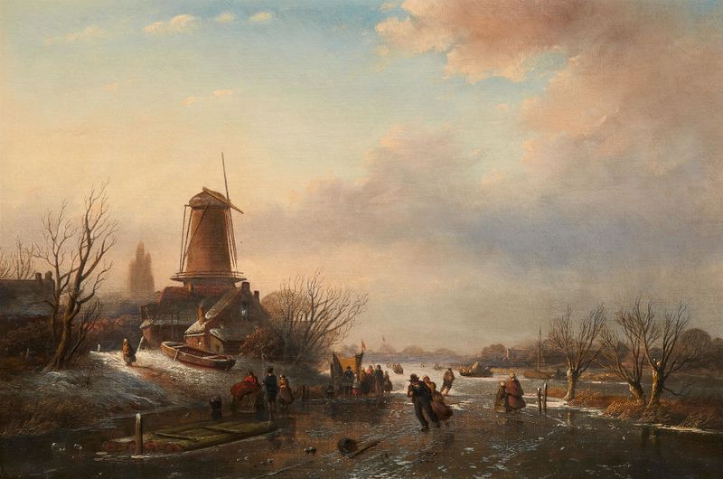 Landschaft mit Windmühle und zugefrorenem Kanal, óleo sobre lienzo de Jacob Jan Coenraad Spohler