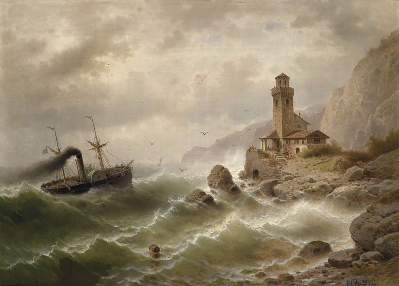 Dampfschiff vor der Küste, oil on canvas by Albert Rieger, featuring a steamer on the ocean.