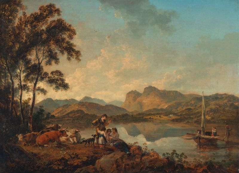 Landscape of Langdale Pikes from Lowood by Julius Caesar Ibbetson, oil painting