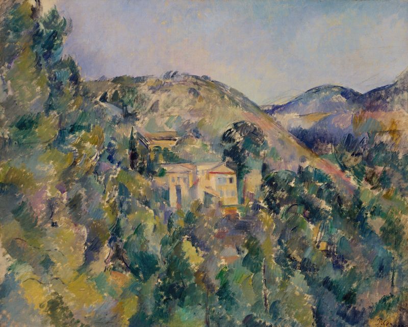 Pintura a óleo de Paul Cezanne representando uma colina com vegetação