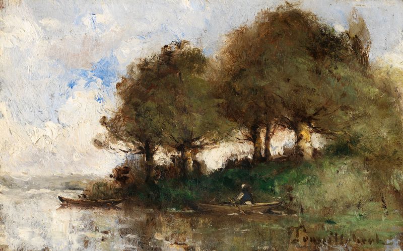 Oil painting by Paul Désiré Trouillebert depicting a riverbank with trees and light