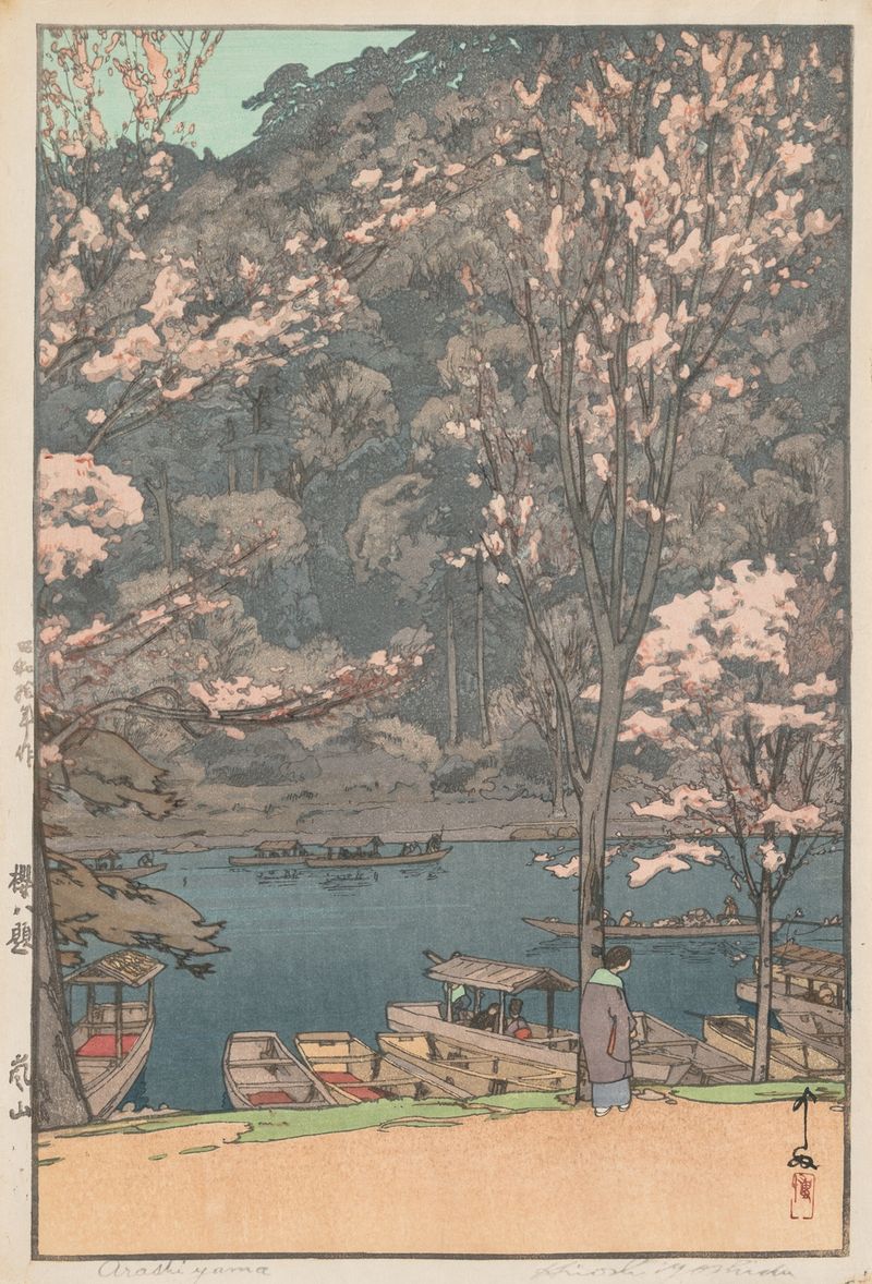 Gravura em madeira de Yoshida Hiroshi mostrando flores de cerejeira em Arashiyama