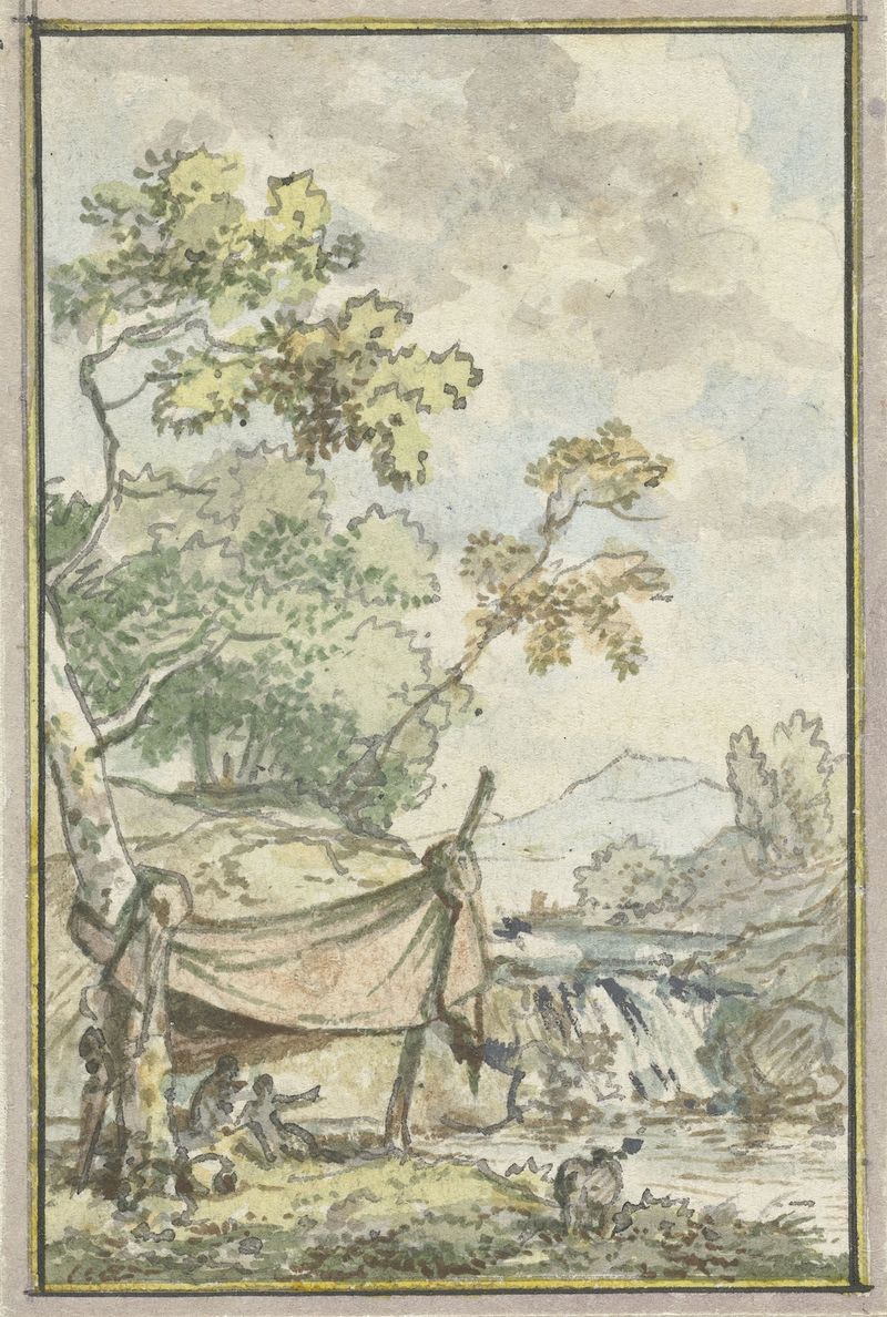Landschap met waterval de Jurriaan Andriessen, pintura al óleo que muestra una cascada y vegetación exuberante.