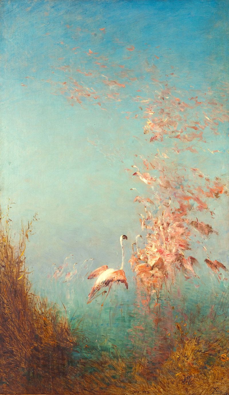Envol De Flamants Roses, Étang De Vaccarès de Félix Ziem, pintura al óleo con flamencos sobre agua tranquila.