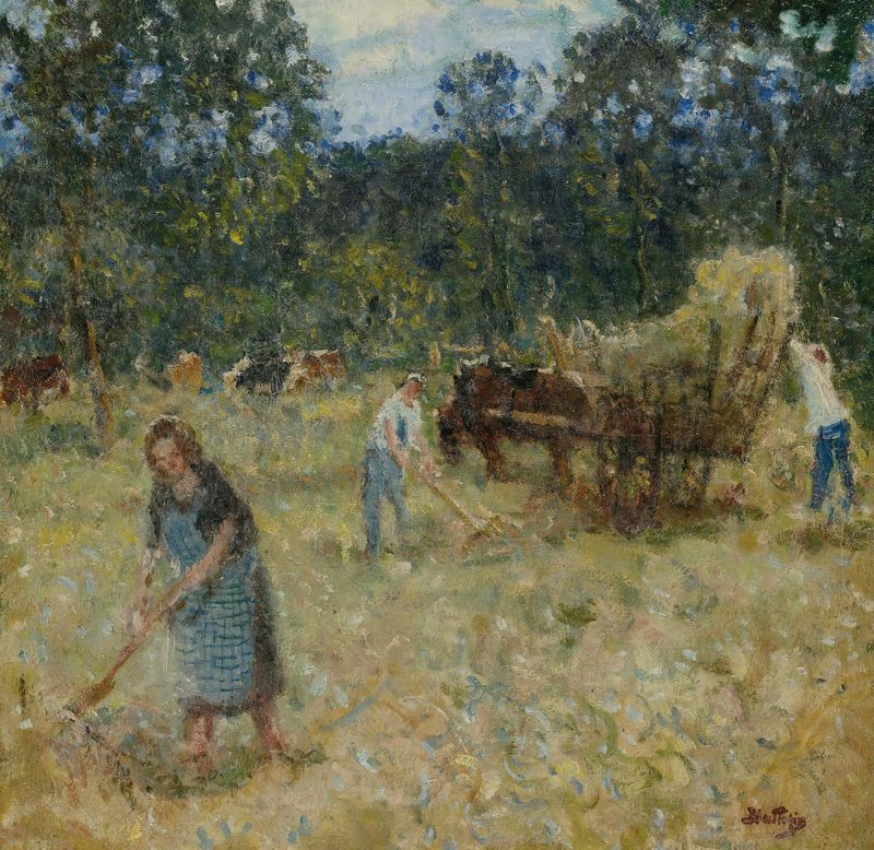 Paisaje de trigo dorado ondeando en la brisa, óleo de Pierre-Eugène Montézin