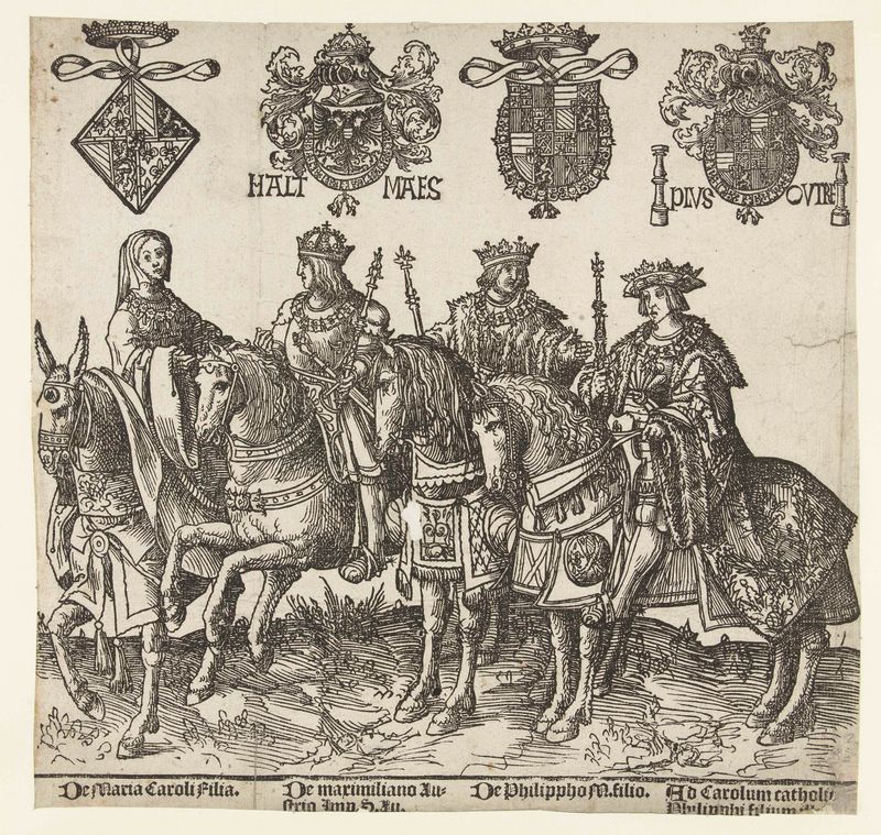 Retrato de Maria van Bourgondië, Maximiliaan I, Filips de Schone y Karel V, papel de Jacob Cornelisz van Oostsanen