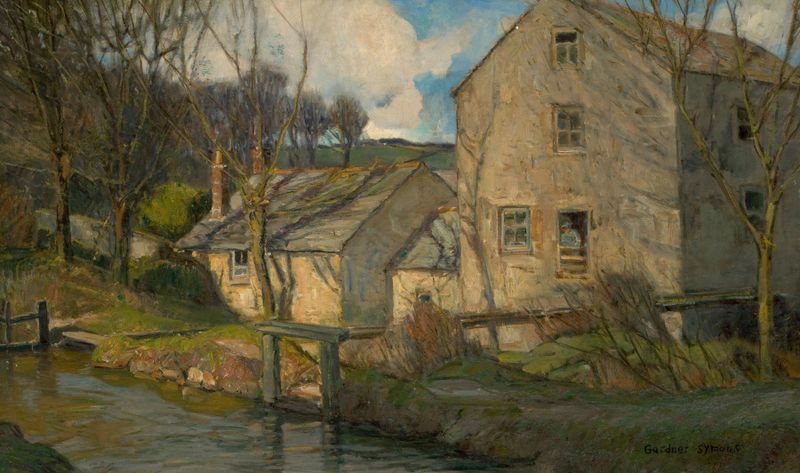 Evans Landing, óleo sobre lienzo de George Gardner Symons, que representa un paisaje fluvial con estructuras industriales.