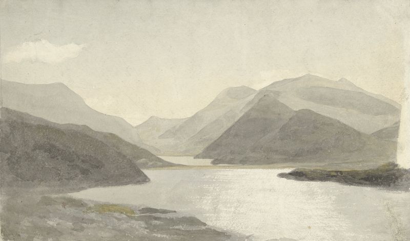Lake landscape with sunlight by Cornelius Varley, medium unknown