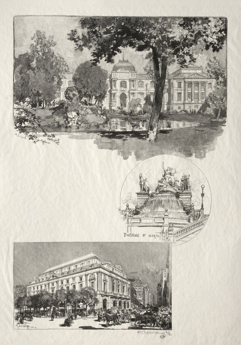 Grabado de Auguste Louis Lepère que representa una fachada de museo neoclásico con columnas