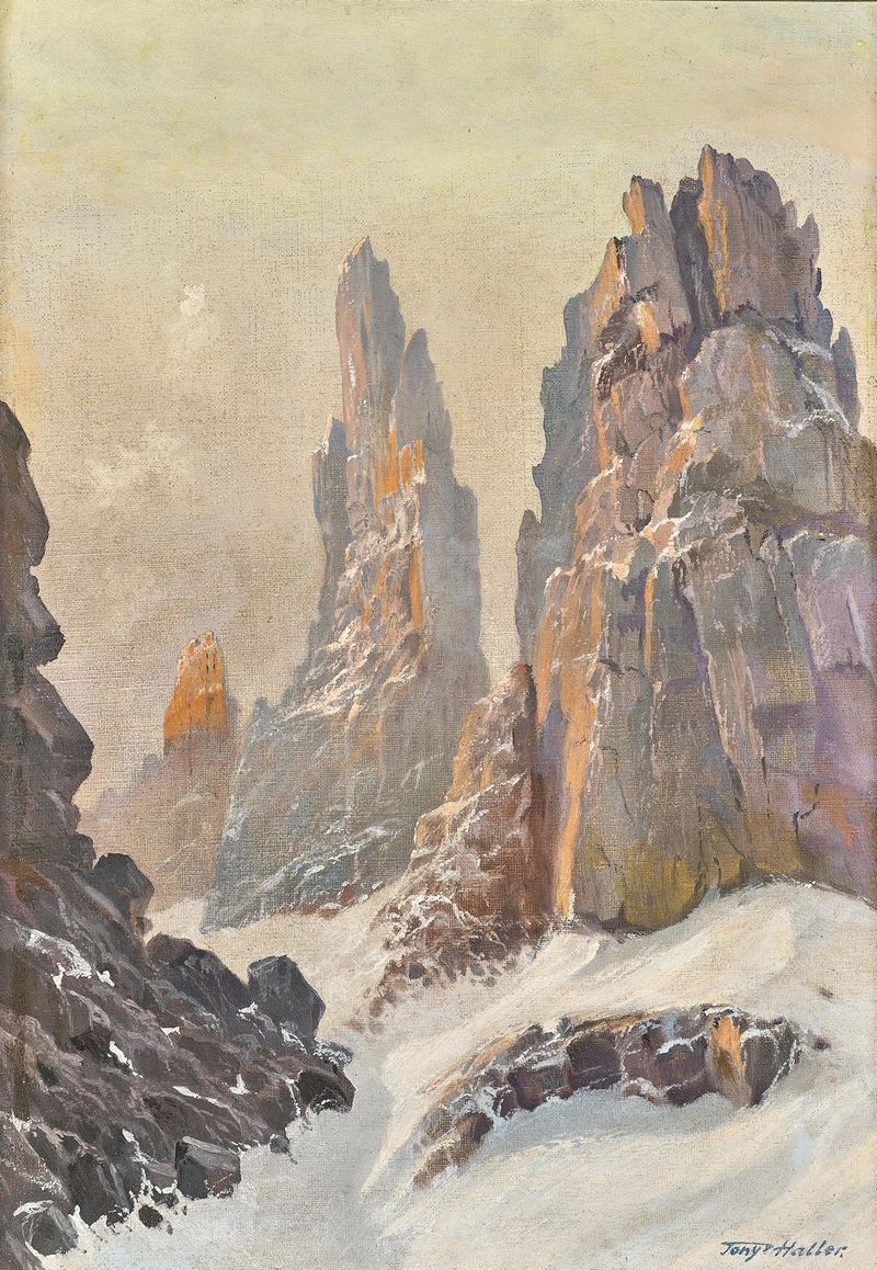 Landscape of The Tre Cime di Lavaredo, oil on canvas by Toni Haller
