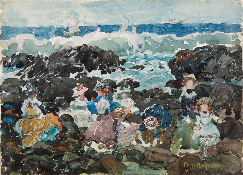 Surf, Cohasset by Maurice Prendergast, oil painting depicting beachgoers enjoying the shoreline.