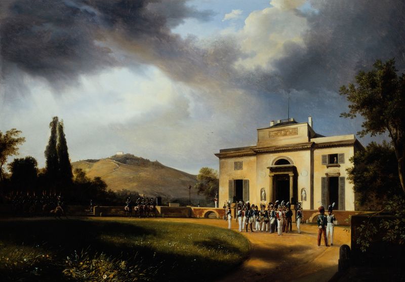 Landscape with a pavilion surrounded by lush foliage, oil painting by Jean-Charles Joseph Rémond.