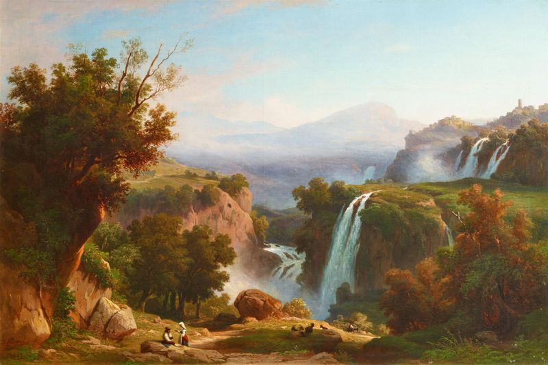 Landscape oil painting by Franz Knebel featuring waterfalls and lush greenery in Ansicht von Tivoli.