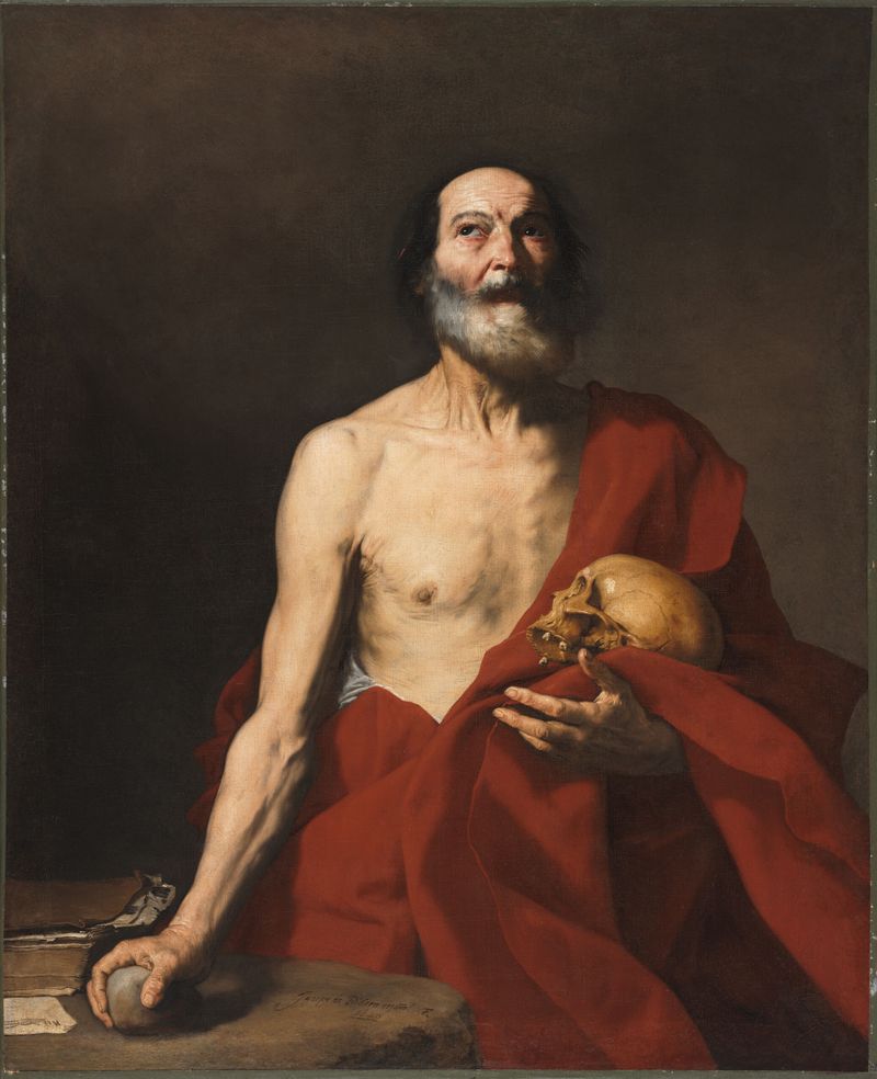San Jerónimo de Jusepe de Ribera, óleo sobre lienzo, con un hombre en túnicas carmesí iluminado por luz dramática.