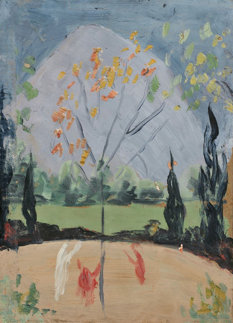 Paisaje otoñal con un árbol imponente de Ernst Schiess, medio desconocido.