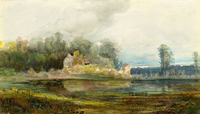 Paisaje con agua, bosque y casas de Carl Blechen, pintura al óleo.
