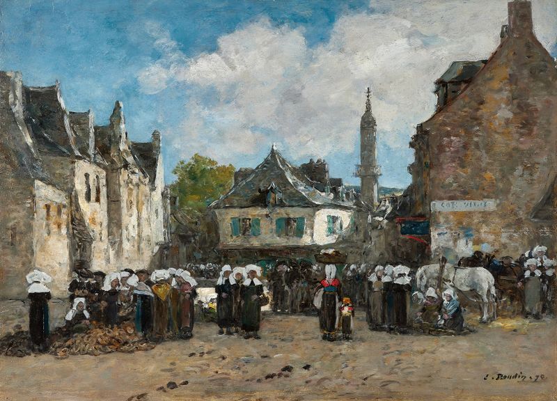 Escena de género de un mercado en Bretaña, óleo sobre lienzo de Eugène Boudin