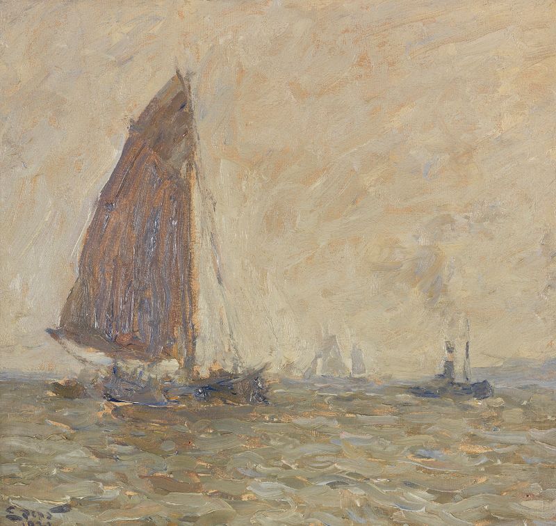 Escena marina con barcos en el Elba de Henning Edens, pintura al óleo