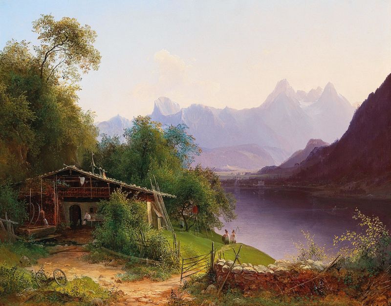 Landscape featuring Lake Zell, mountains, and Prielau Castle by Josef Schwemminger, unknown medium