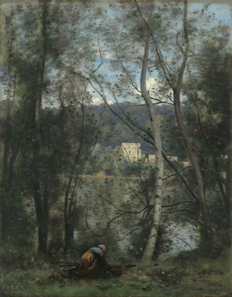 Una mujer recogiendo leña en un paisaje exuberante, óleo sobre lienzo de Jean-Baptiste-Camille Corot