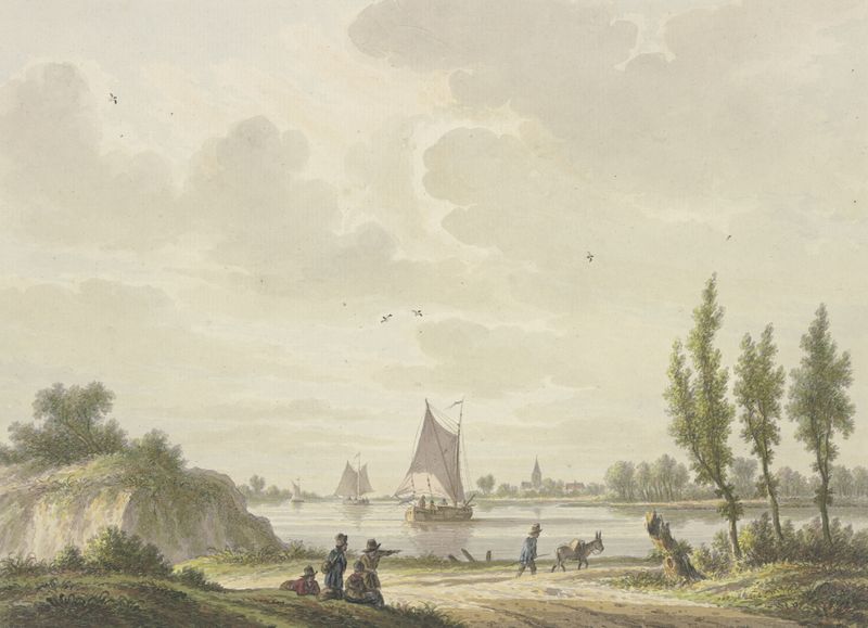 Genre scene depicting three barges on a river by Nicolaas Wicart, oil painting