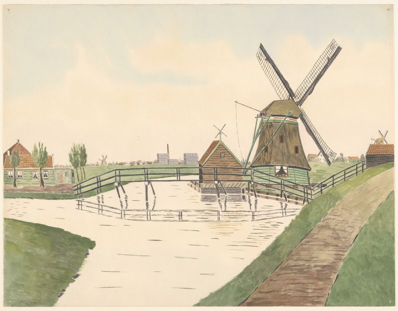 Pintura al óleo de Johannes Nicolaas Eijman que muestra un molino de agua y un puente de madera en un paisaje.