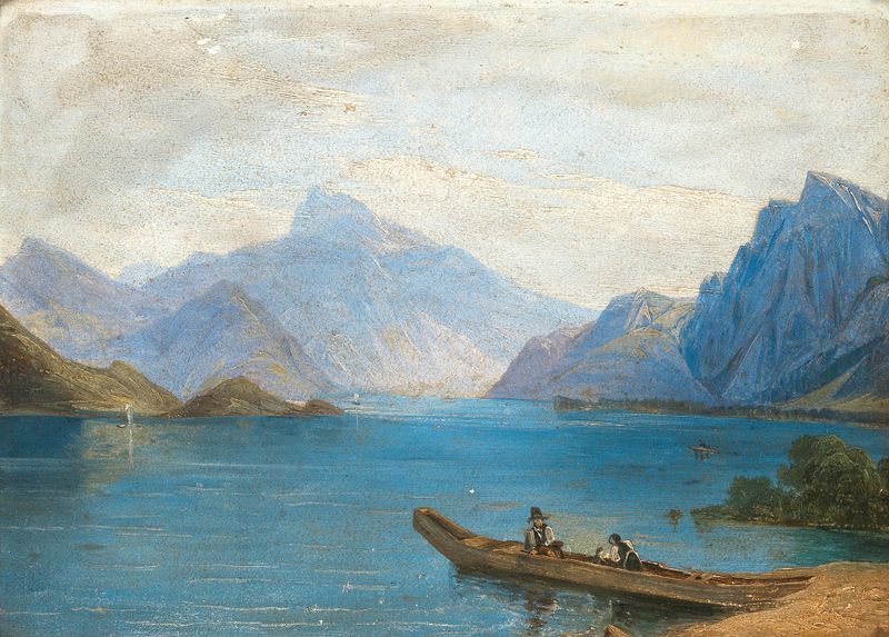 Expressionism landscape by Wilhelm Steinfeld, depicting a tempestuous lake with swirling blues and greens.