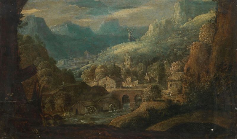 A mountainous river landscape with water mills and a village by Tobias Verhaecht, oil painting