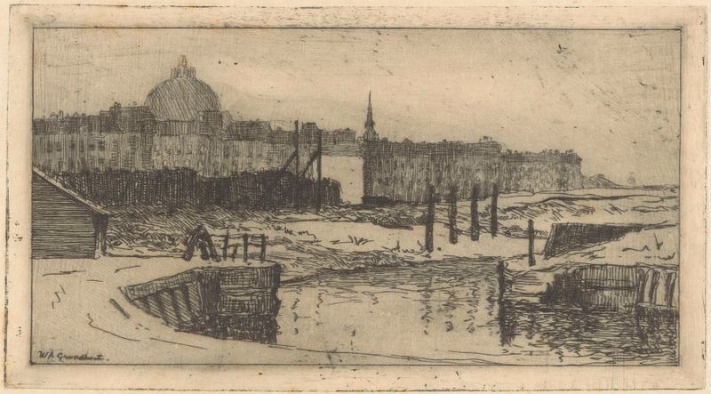 Huizenbouw in Den Haag by Willem Adrianus Grondhout, oil painting depicting urban buildings against a muted sky.