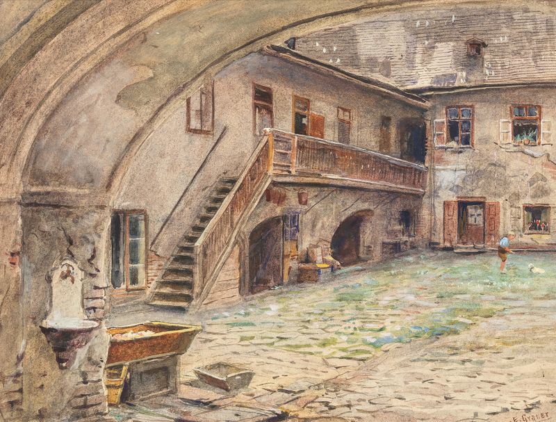 Hof in der Kahlenbergerstraße, óleo sobre lienzo de Ernst Graner que representa un paisaje urbano con colores vibrantes.