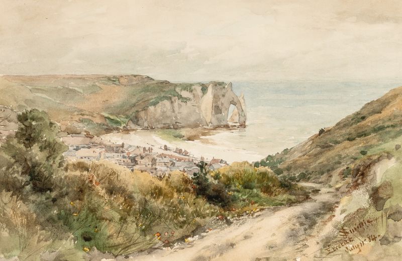 Los Acantilados de Etretat de James David Smillie, pintura al óleo que muestra acantilados y océano al atardecer
