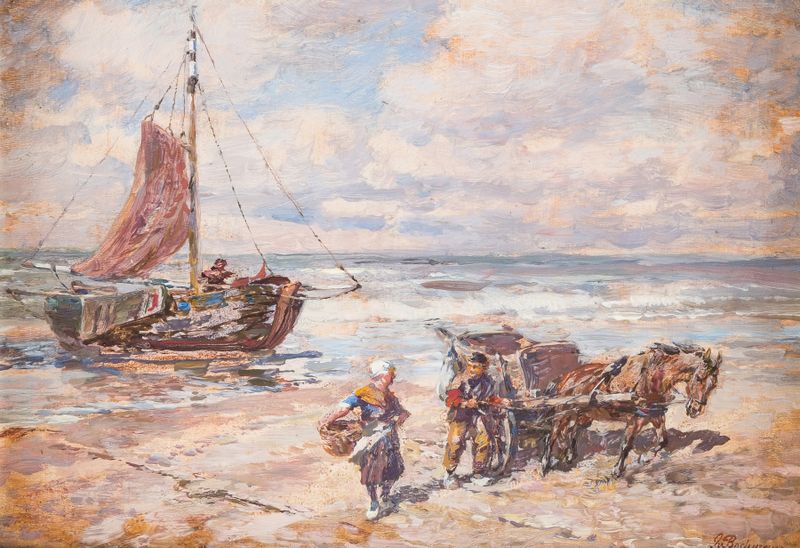 Fisher by the Beach, óleo sobre lienzo de Gregor von Bochmann, que representa a un pescador en luz dorada.