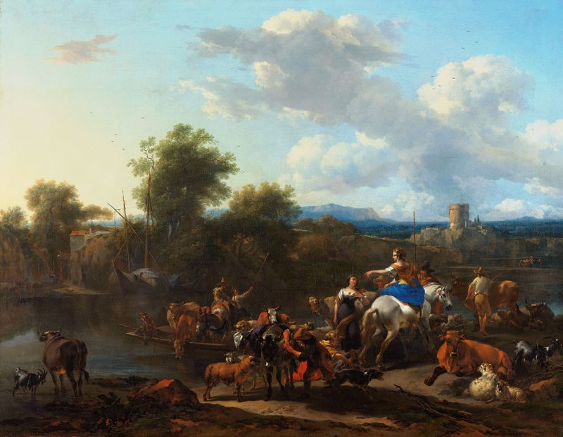 Marine scene with a ferry on a river by Nicolaes Pietersz Berchem, oil painting
