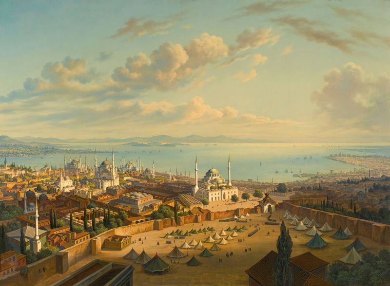 Paisagem de Constantinopla com o Bósforo, pintura a óleo de Hubert Sattler