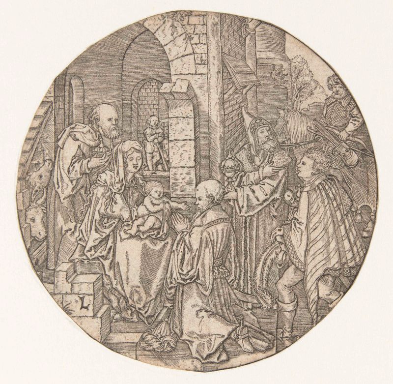 De aanbidding der koningen engraving by Monogrammist L depicting a scene of worship